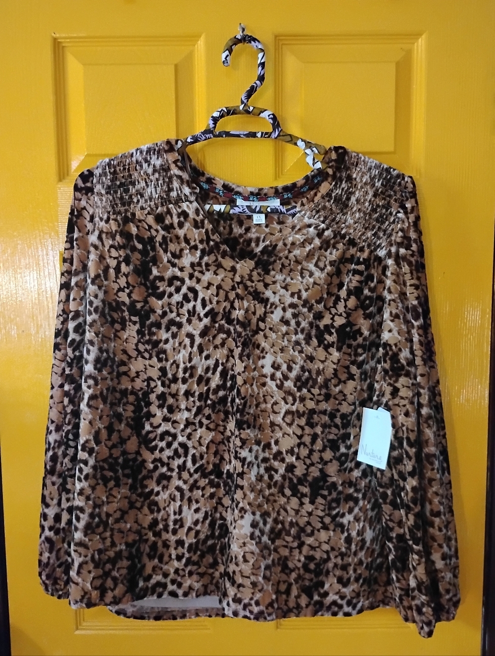 NWT Nurture1X Leopard Animal Print Long Sleeved Velvet Burnout Blouse Shirt